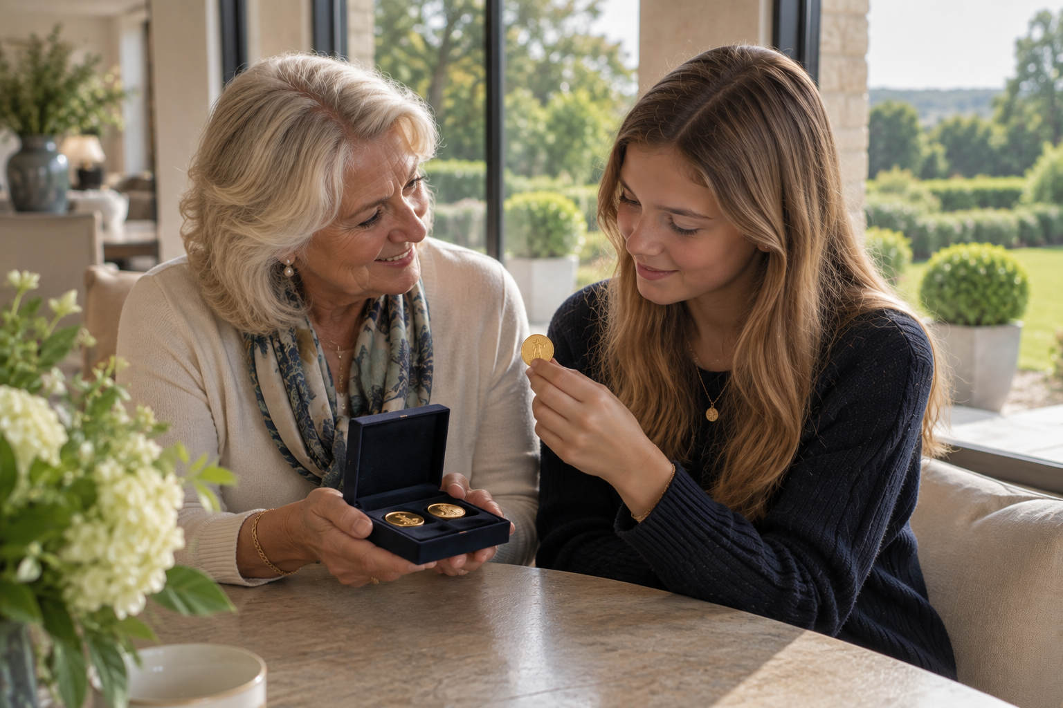 A grandmother showing gold coins from a presentation case to her granddaughter