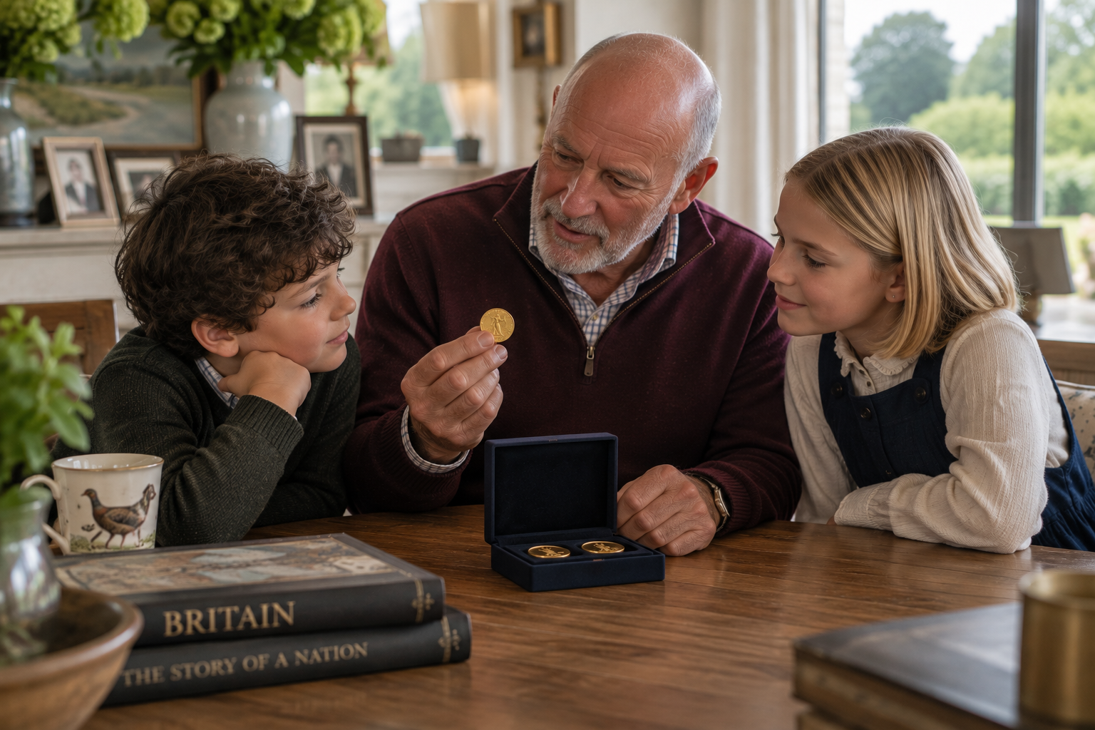A grandfather sharing gold coins with his grandchildren at a wooden table