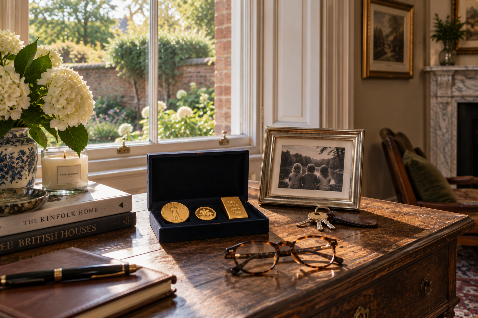 Gold coins and a small bar arranged on a desk beside framed photographs and books