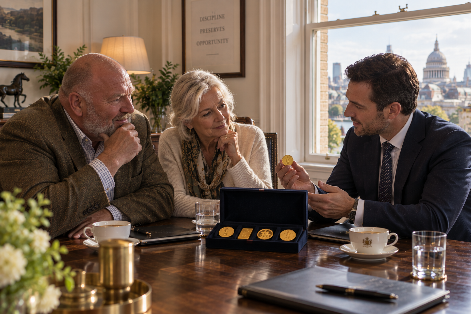 A specialist showing gold coins to a couple in a private consultation room