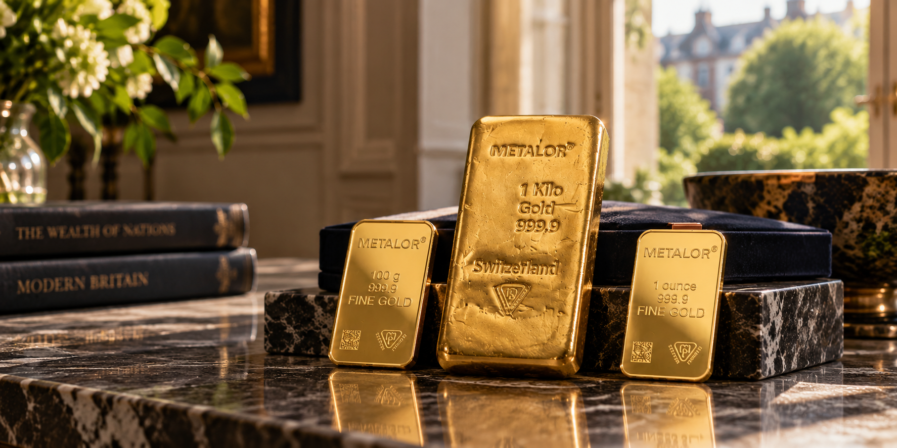 Three Metalor gold bars in one ounce, 100 gram and one kilo weights on a marble table