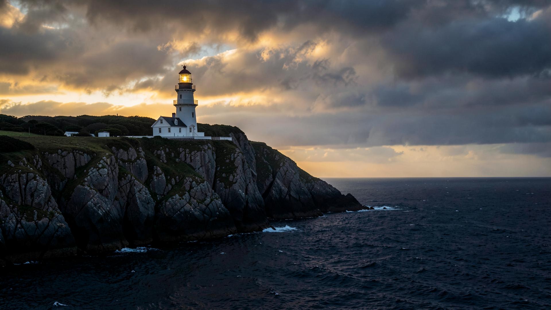 A lighthouse standing firm on coastal cliffs at dusk