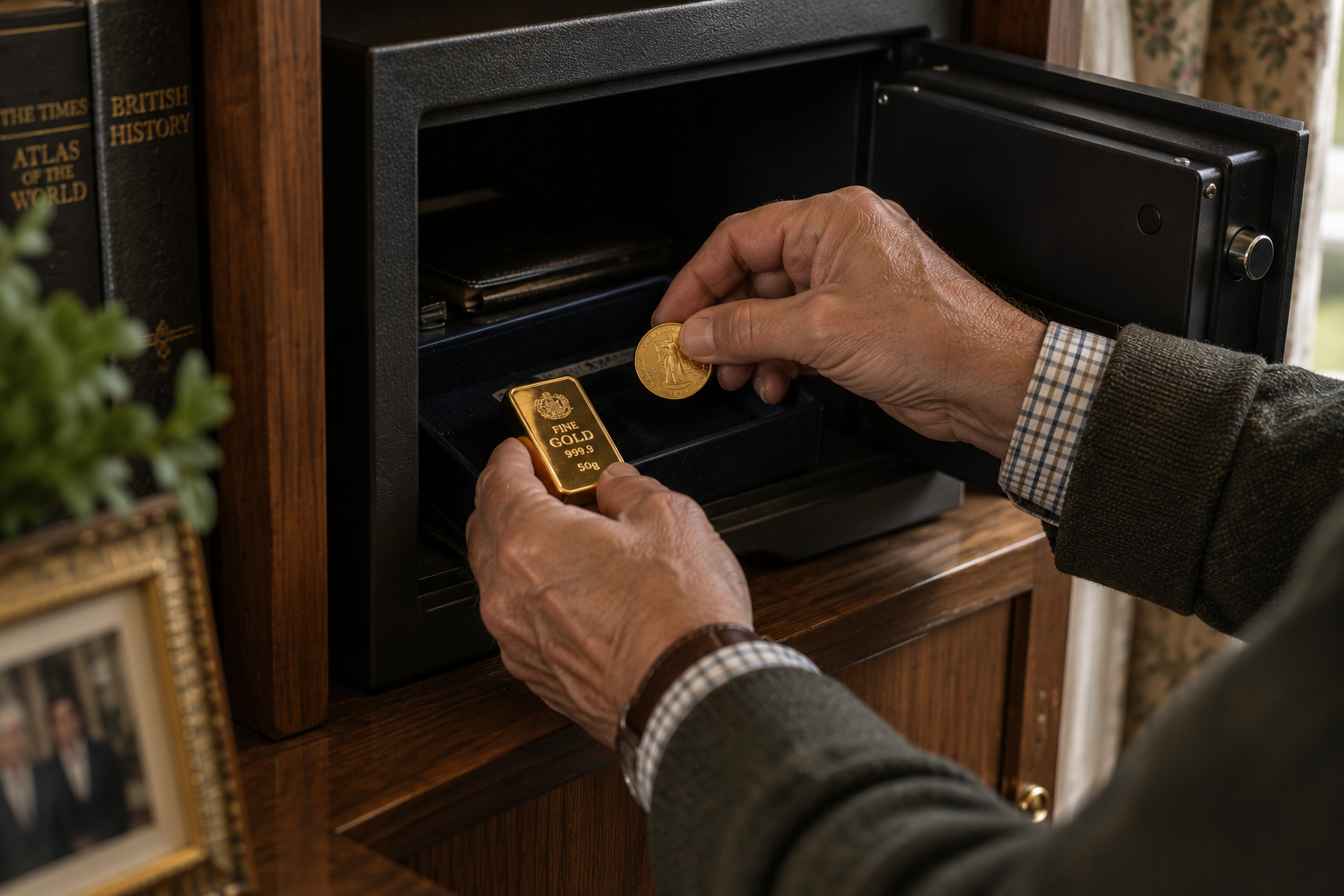 A man placing a gold bar and coin into a home safe